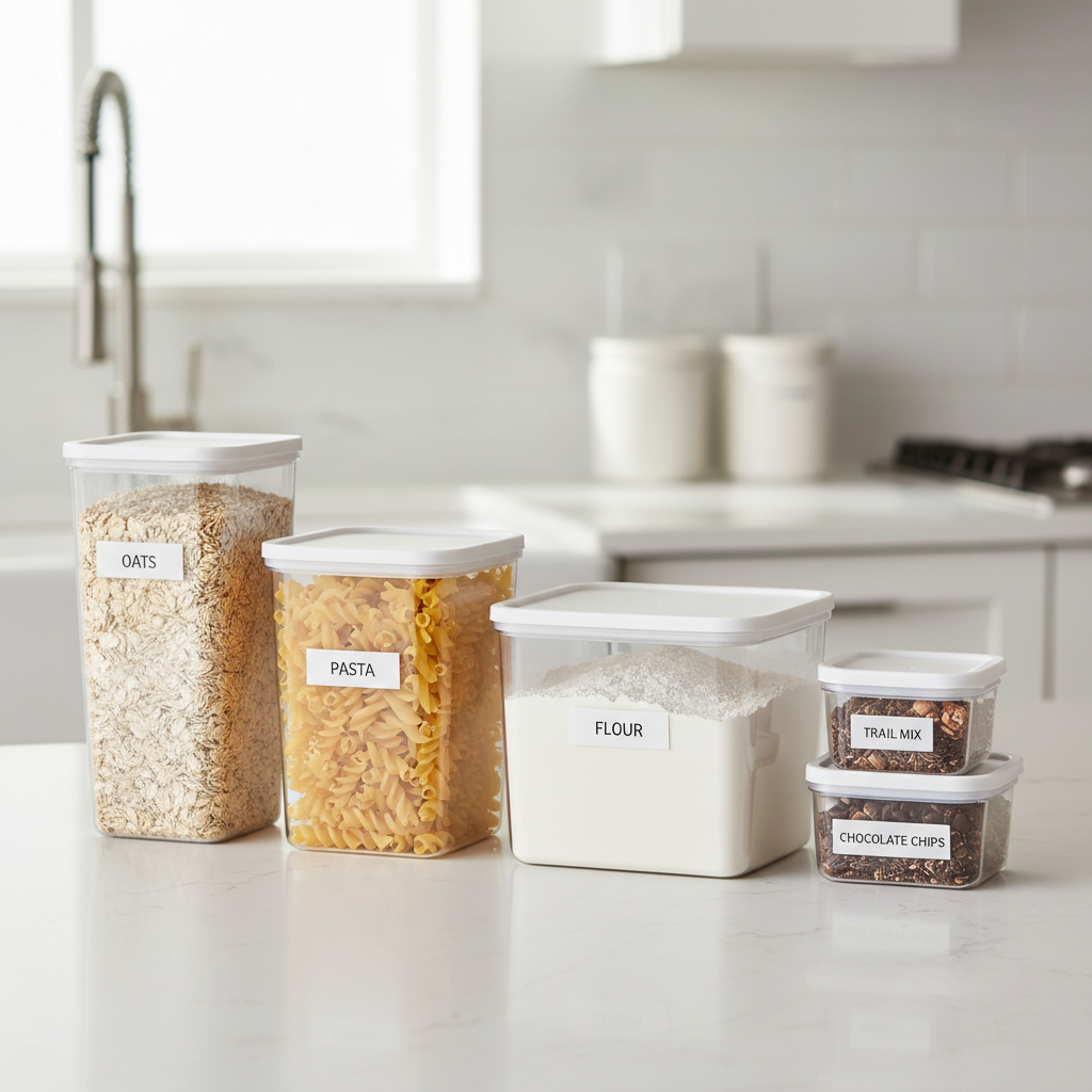 Different container sizes for flour, pasta, cereal, and snacks lined up on a counter