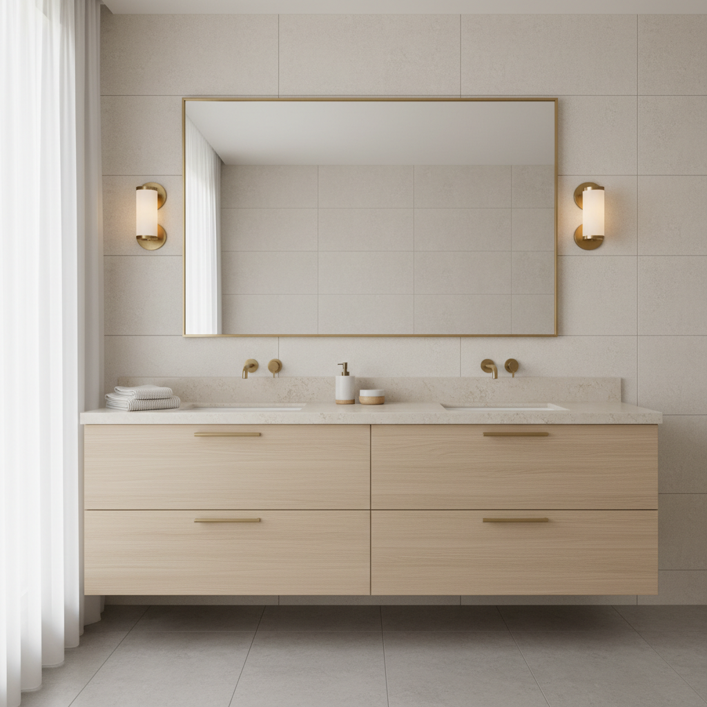 Bathroom vanity with correctly sized mirror and wall sconce spacing