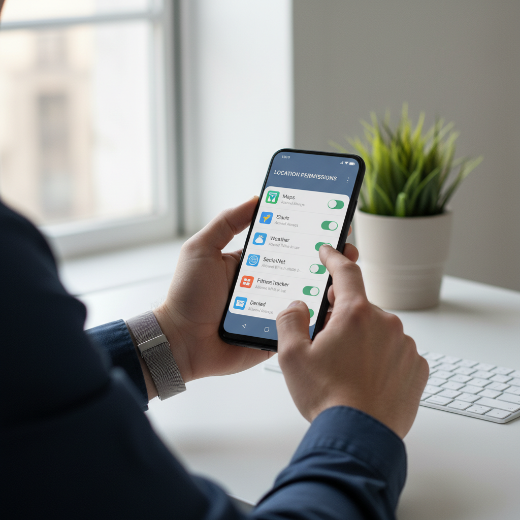Person reviewing Android app location permissions list