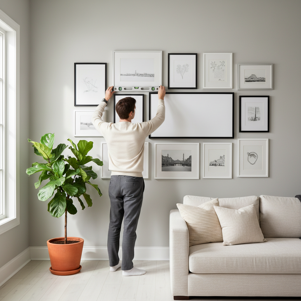 Gallery wall layout with frames aligned using a level and measured spacing
