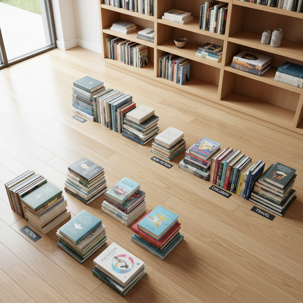 Books sorted into piles on the floor for organizing a bookshelf