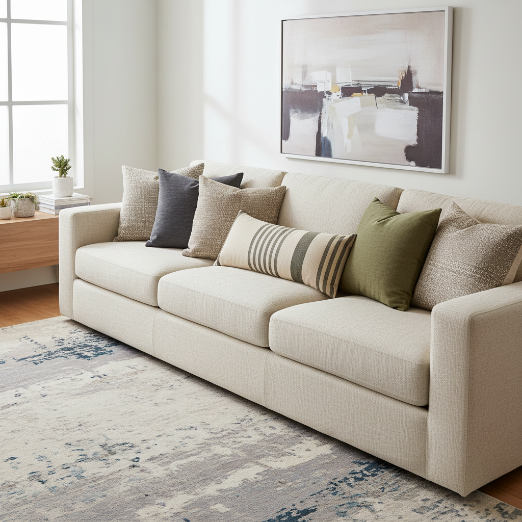 Modern living room sofa with well-arranged throw pillows in balanced sizes and colors