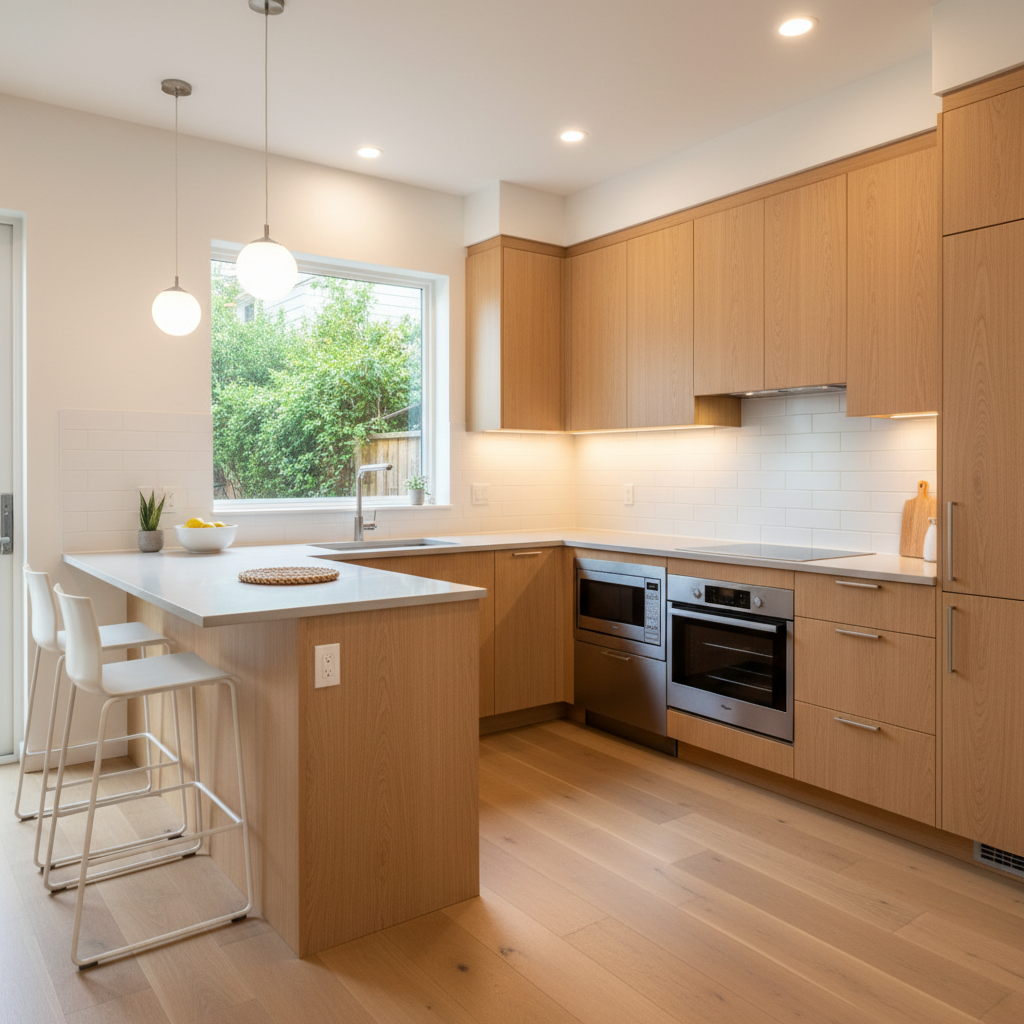 L-shaped small kitchen with peninsula seating and bright task lighting