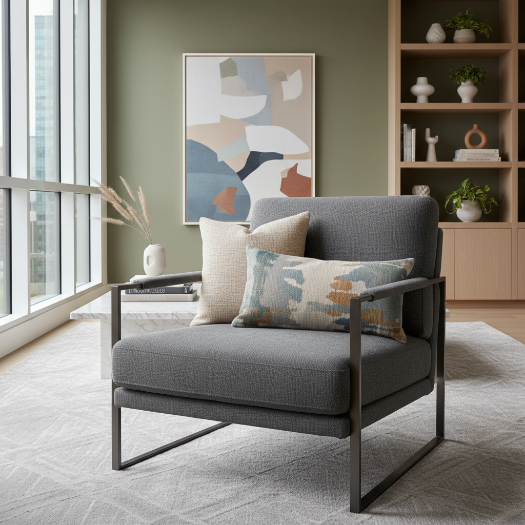 Neatly styled armchair with throw pillows in a modern living room