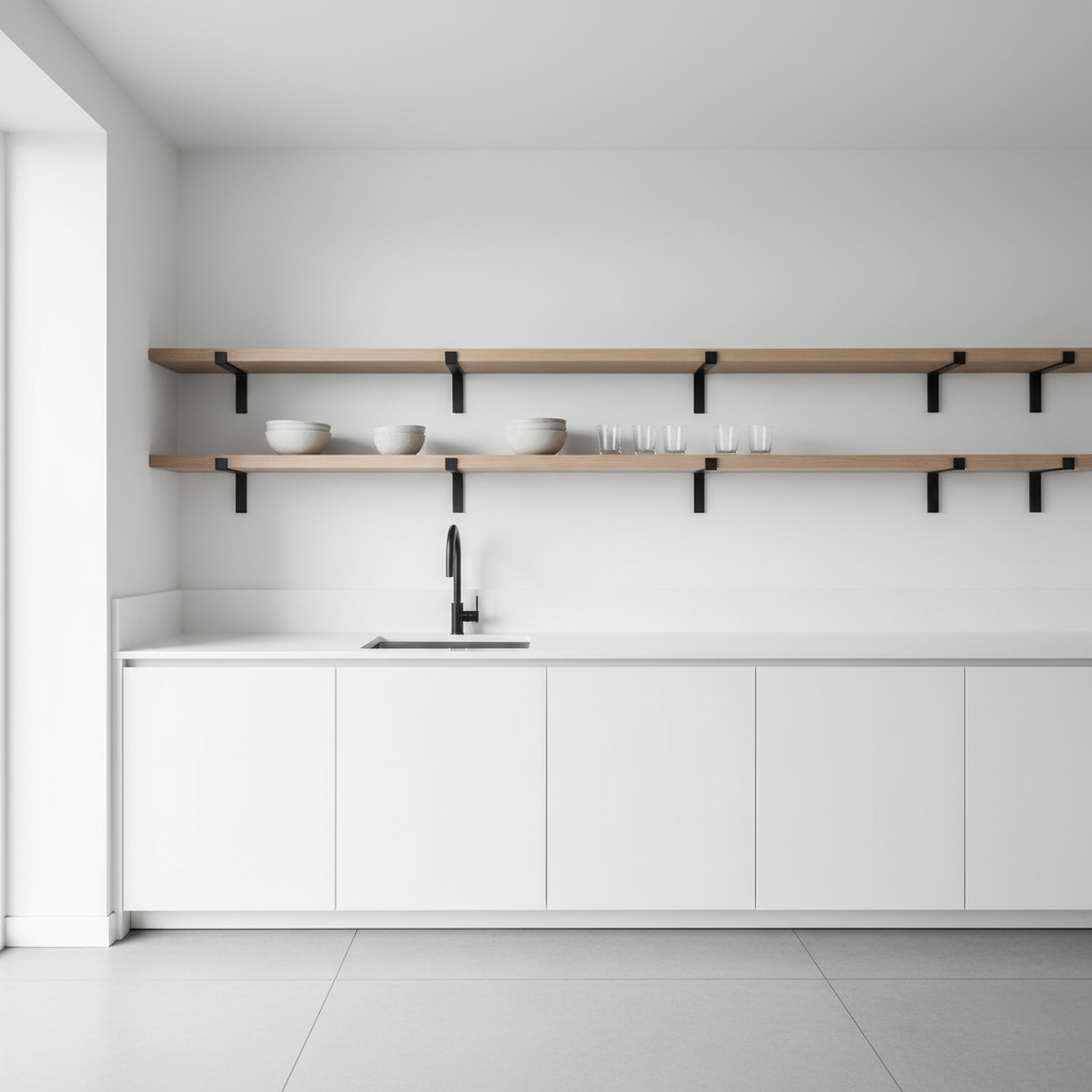 Modern minimalist kitchen with open shelves styled with neutral ceramics and light wood accents