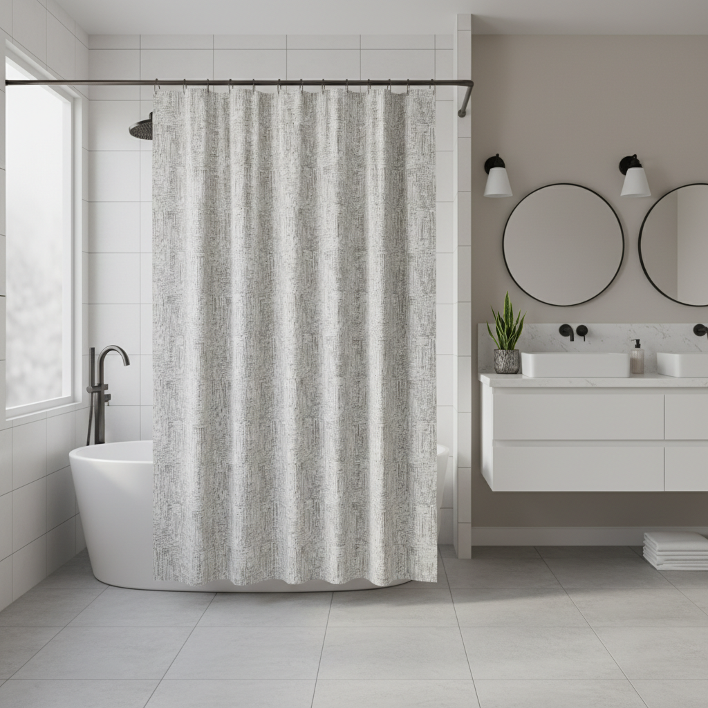 Modern bathroom with a waterproof shower curtain and minimalist decor