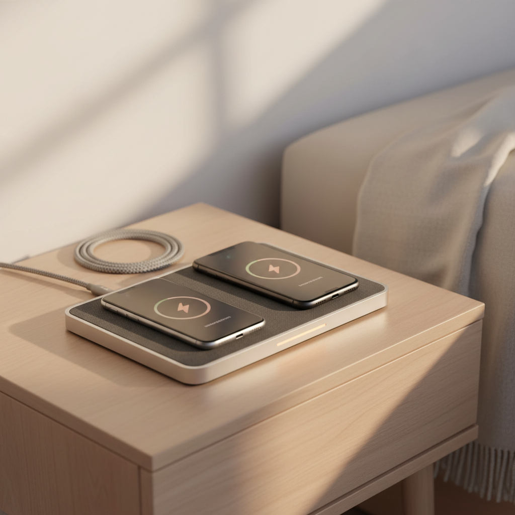 Multi-device wireless charging pad on a nightstand charging two phones