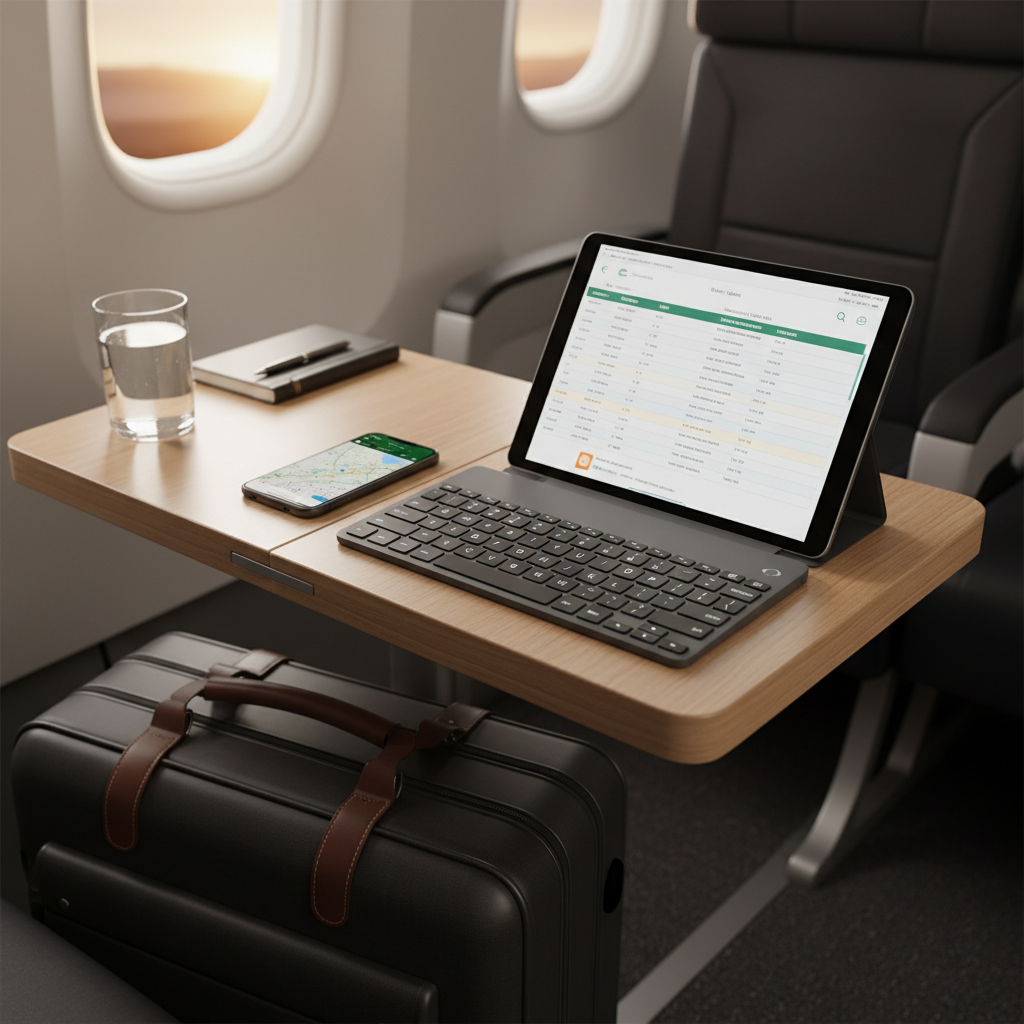 Compact travel keyboard next to phone and tablet in a carry-on setup