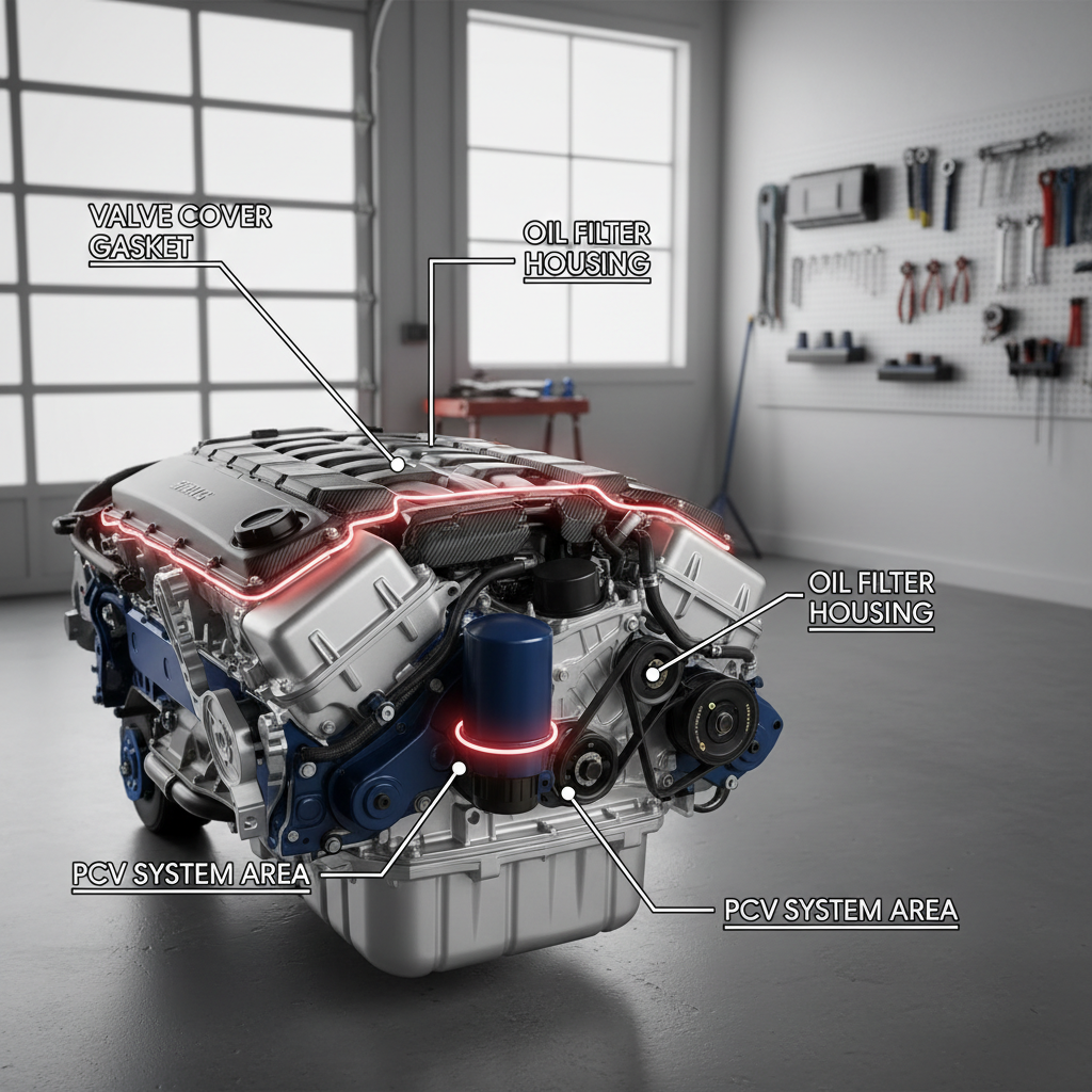 Engine bay with common oil leak points highlighted for diagnosis