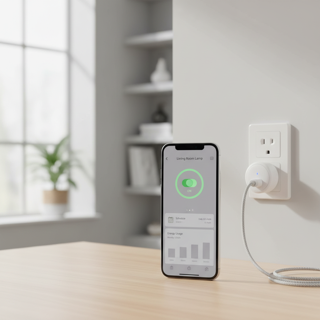 Smart plug feature comparison on a phone next to a wall outlet