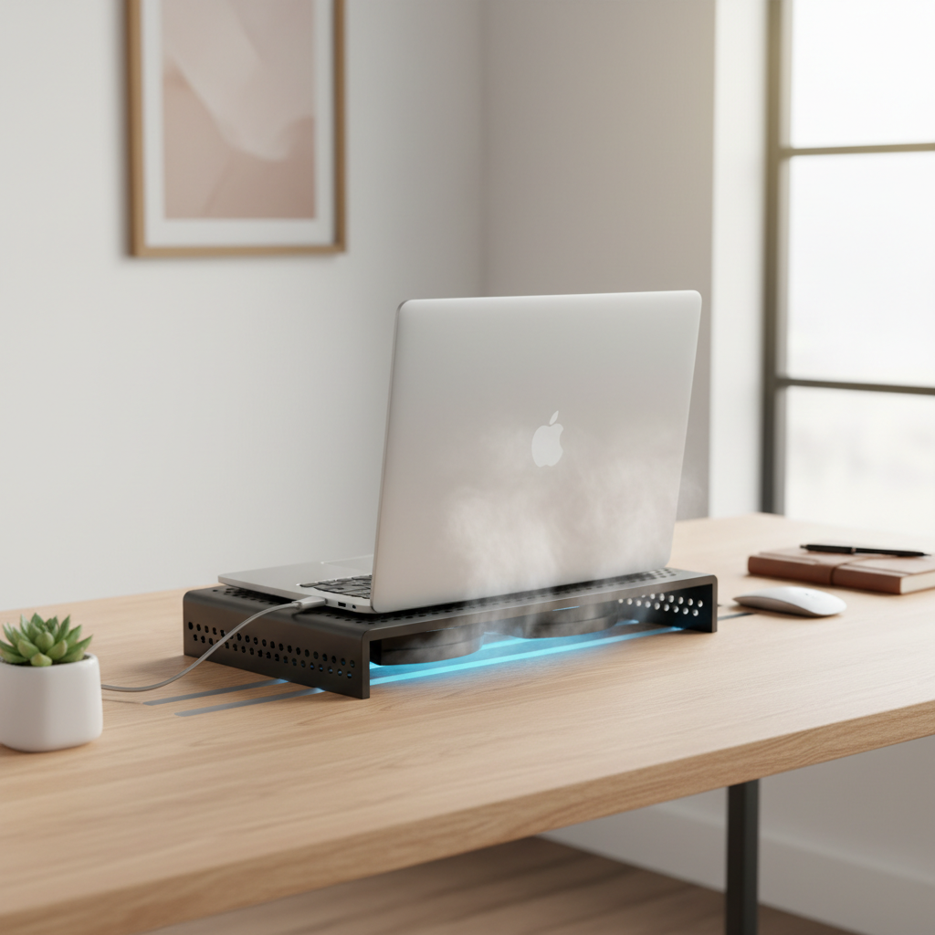 Close-up of laptop charging with airflow and a cooling stand
