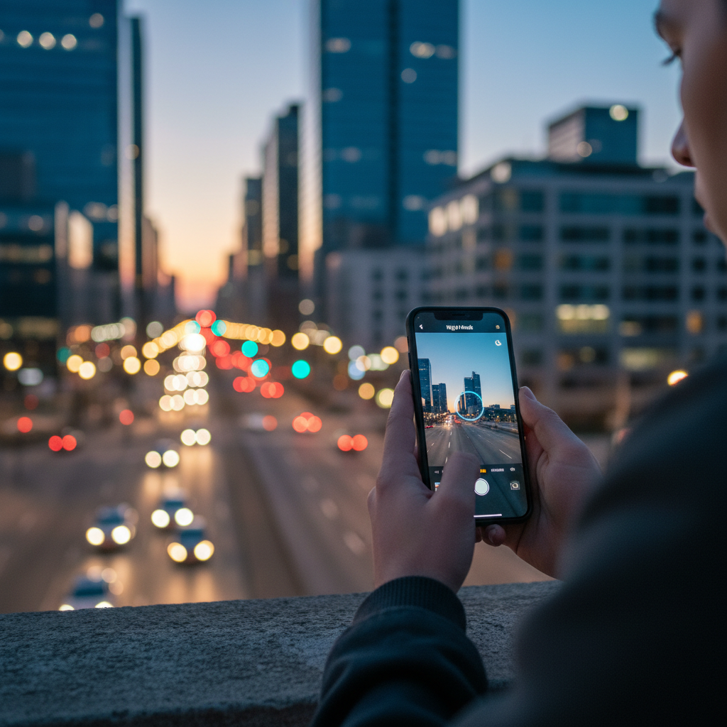Person taking a steady low-light photo with phone braced on a railing using night mode