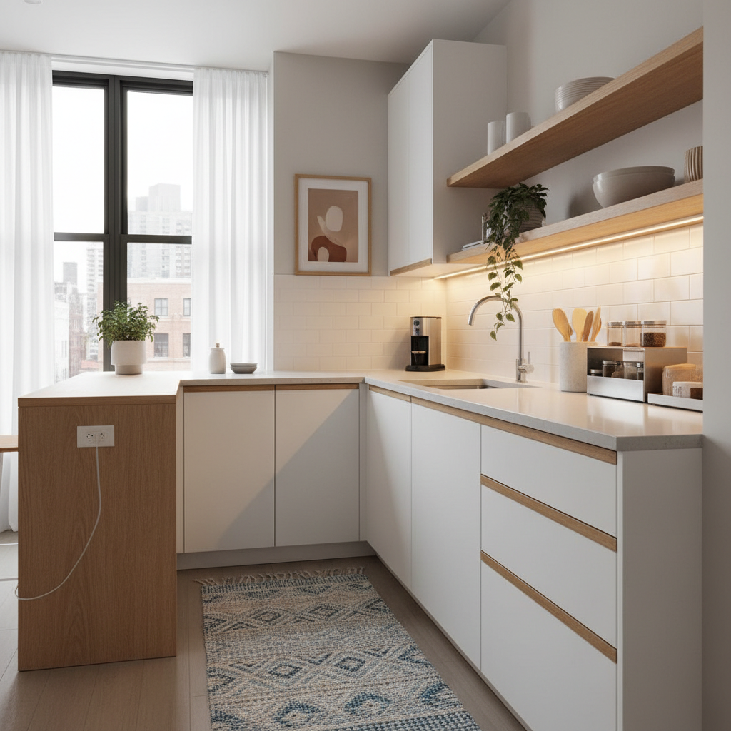 Rental kitchen refresh with removable organizers, runner rug, and warm lighting
