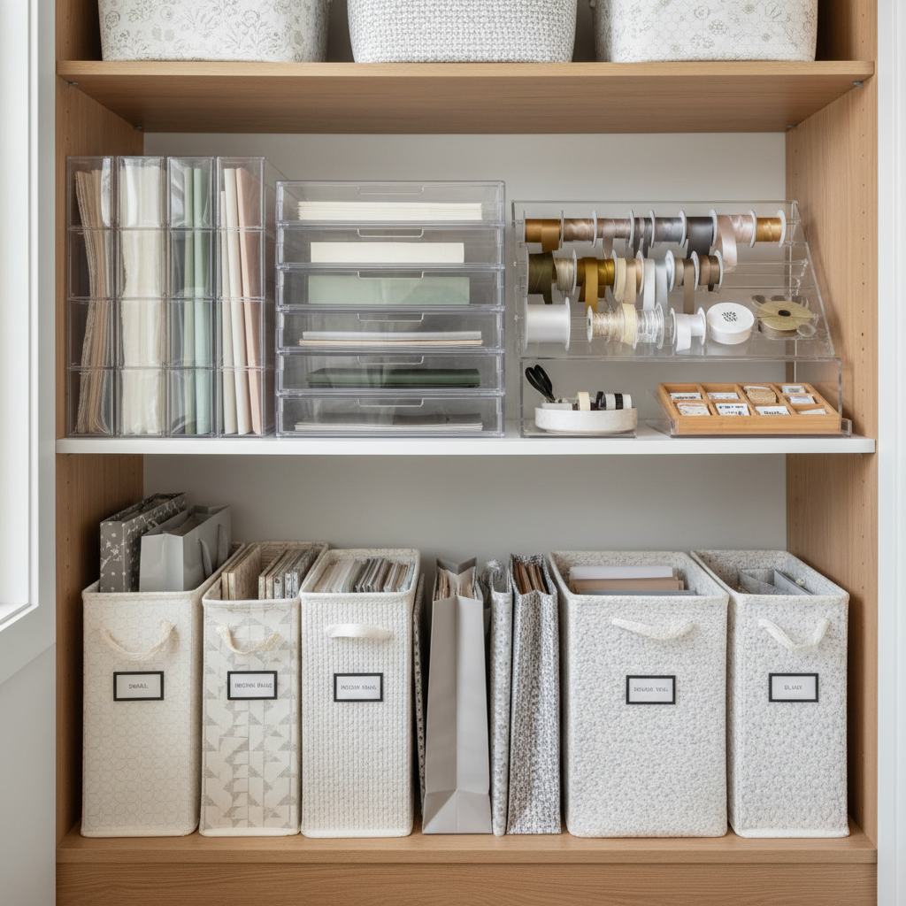 Organized gift bag and tissue paper storage inside a closet with bins and labels