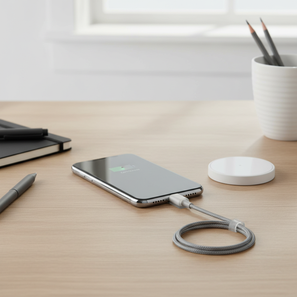 Phone charging safely on a desk with cable strain relief and stable placement