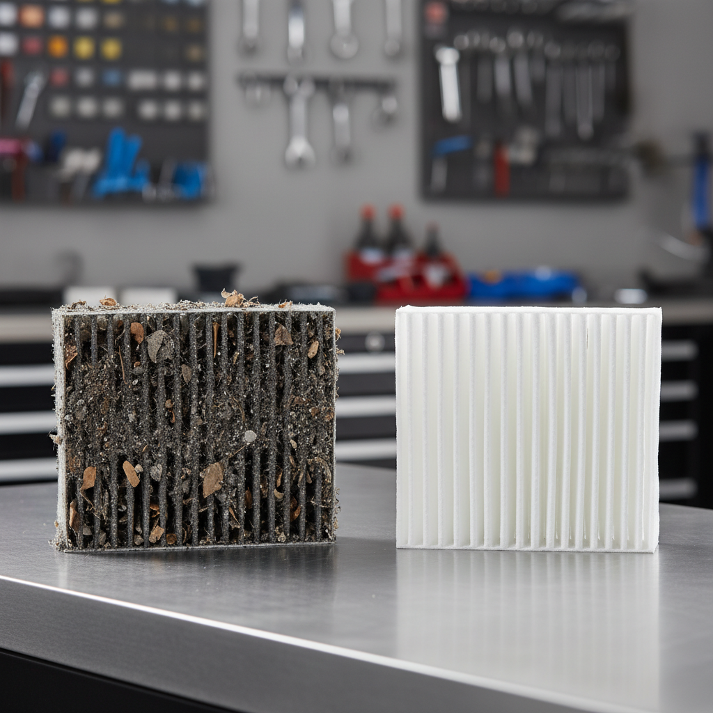 Close-up of a clogged cabin air filter next to a new clean filter