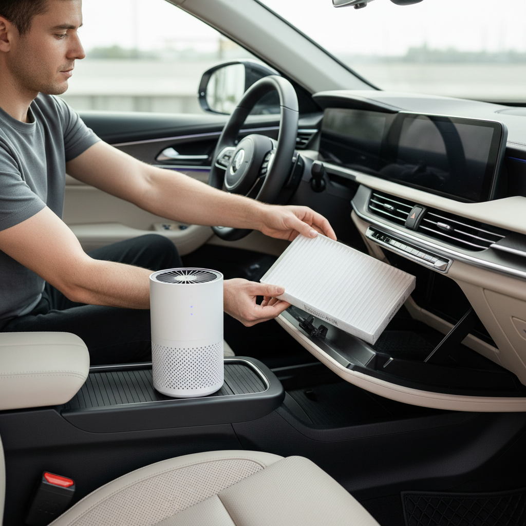 Driver replacing a cabin air filter and placing a compact air purifier in the car