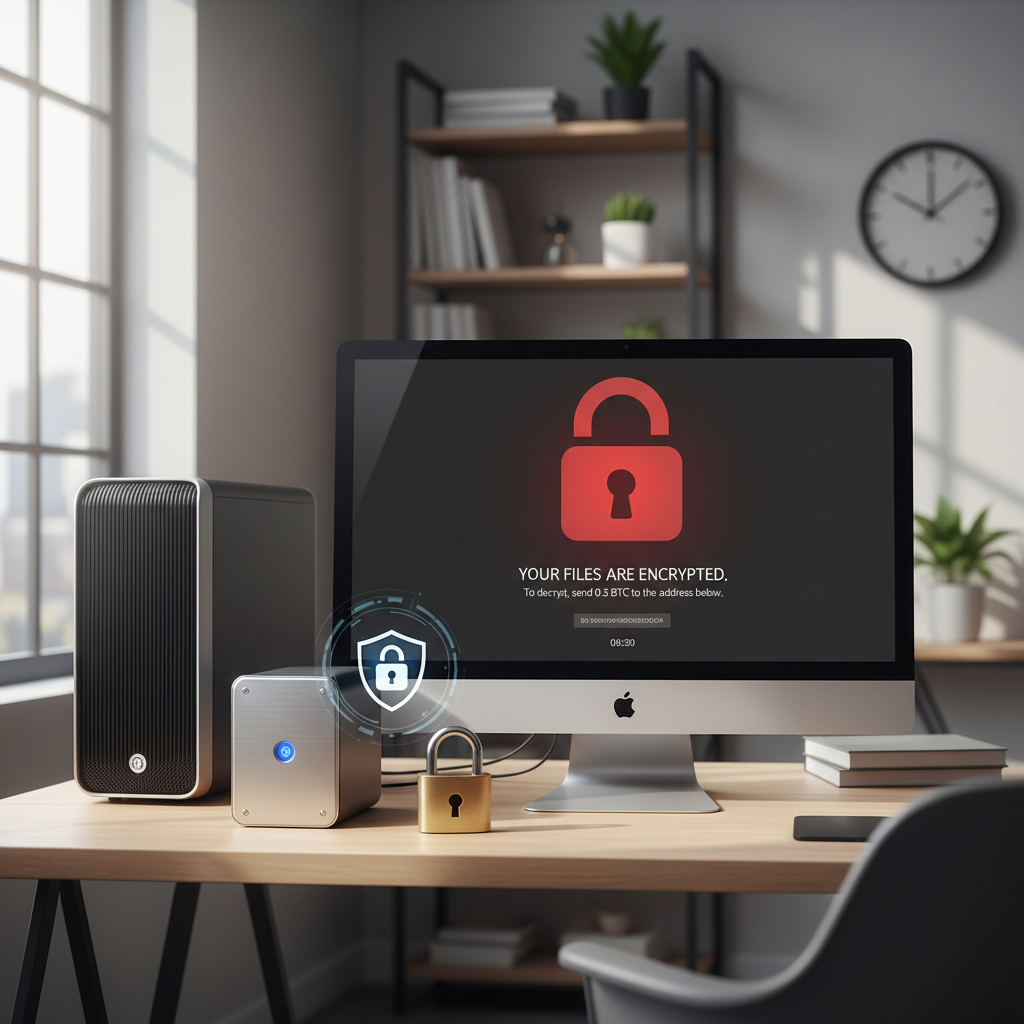Windows PC showing ransomware warning screen concept and backup drive on desk