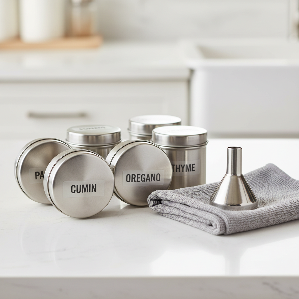 Labeled magnetic spice jars with waterproof labels and a small funnel for refilling