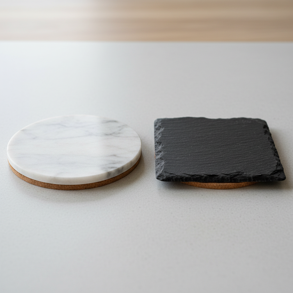 Close-up of stone coaster finishes polished vs honed with cork backing
