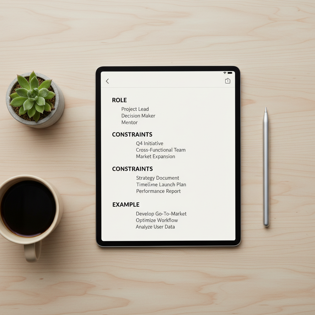 AI prompt framework showing role context constraints and output format on a digital note