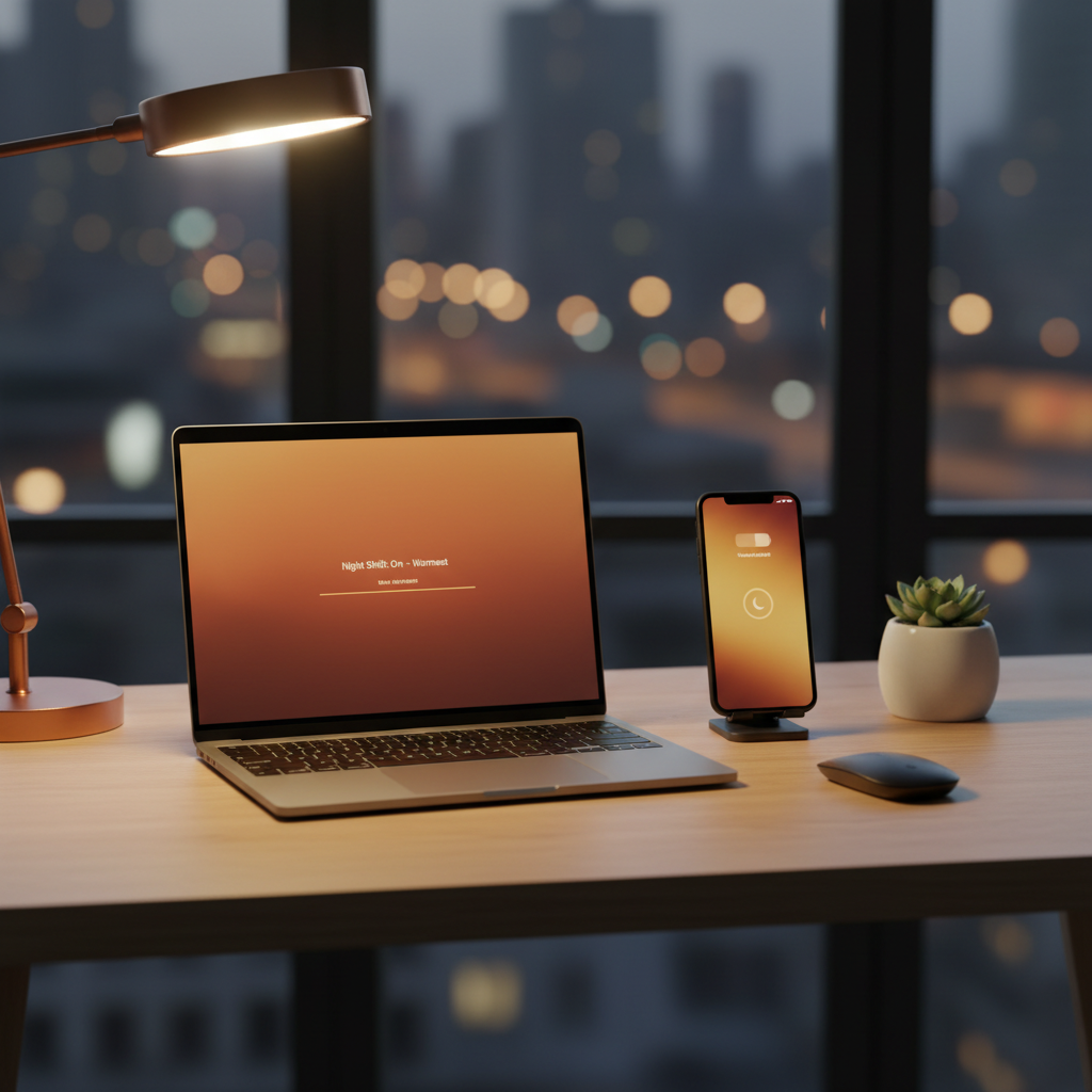PC and phone blue light reduction settings shown on a desk setup
