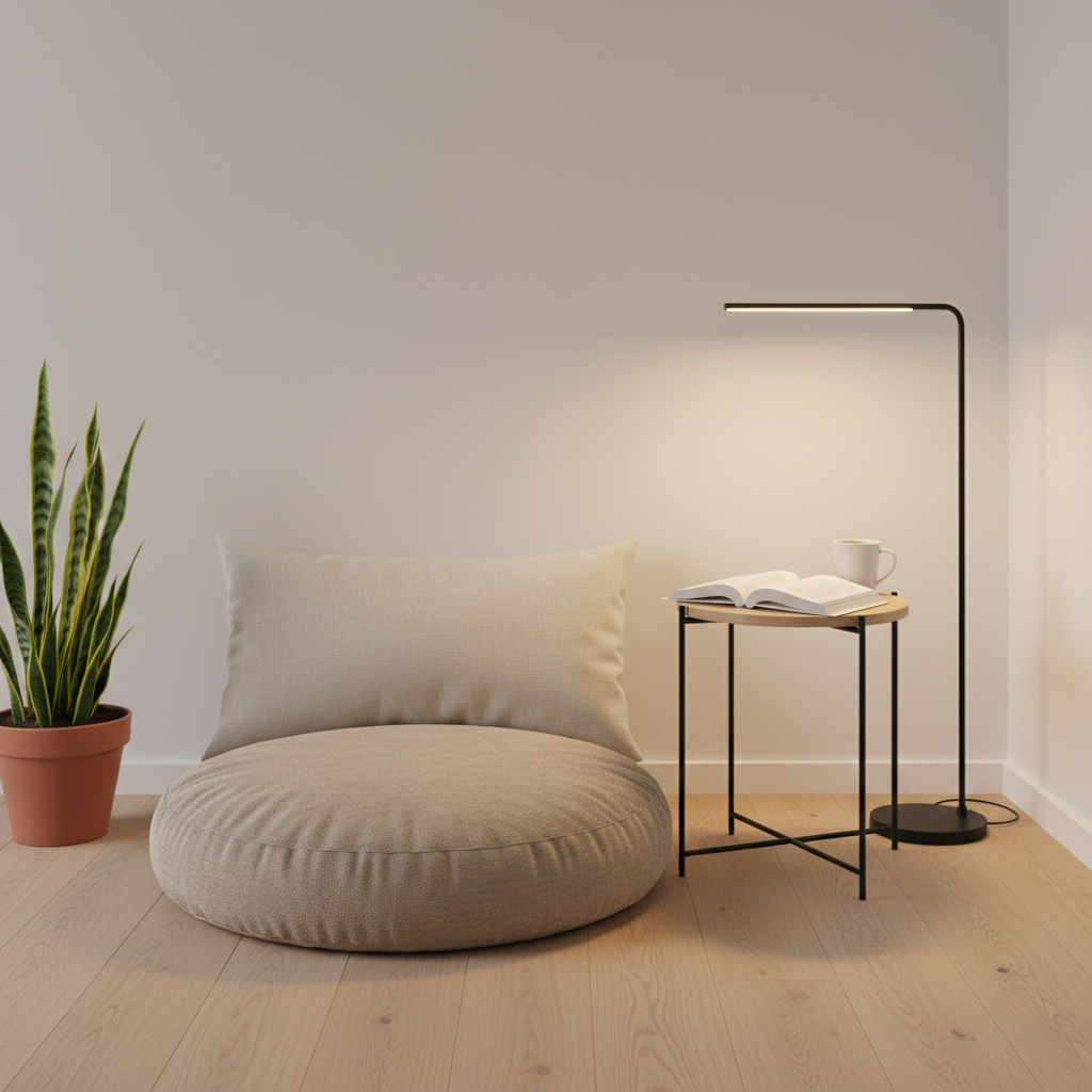Floor cushion reading corner layout with side table and lamp
