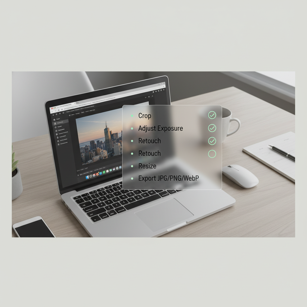 Step-by-step workflow for editing and exporting photos in a no-signup online editor