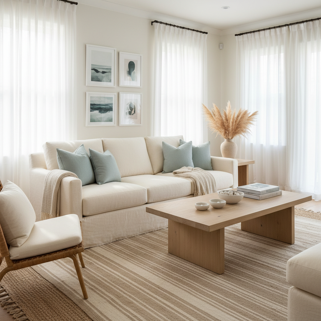 Bright coastal living room with linen sofa, light oak coffee table, and woven textures