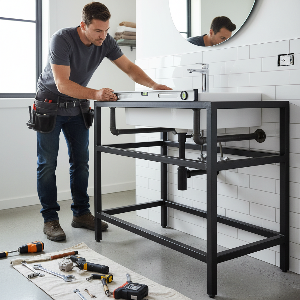 Installer leveling an industrial bathroom vanity before plumbing hookup