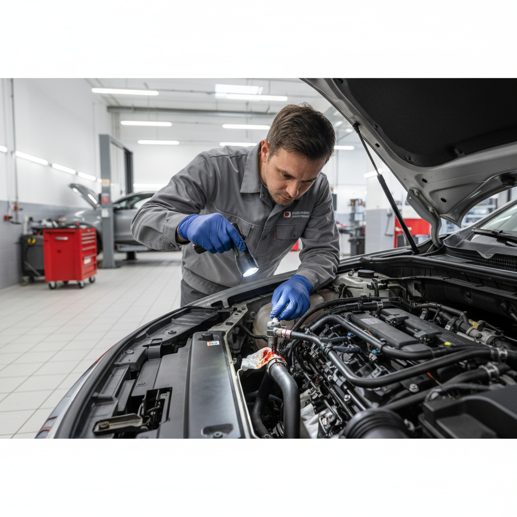 Mechanic inspecting power steering hose connections for leaks