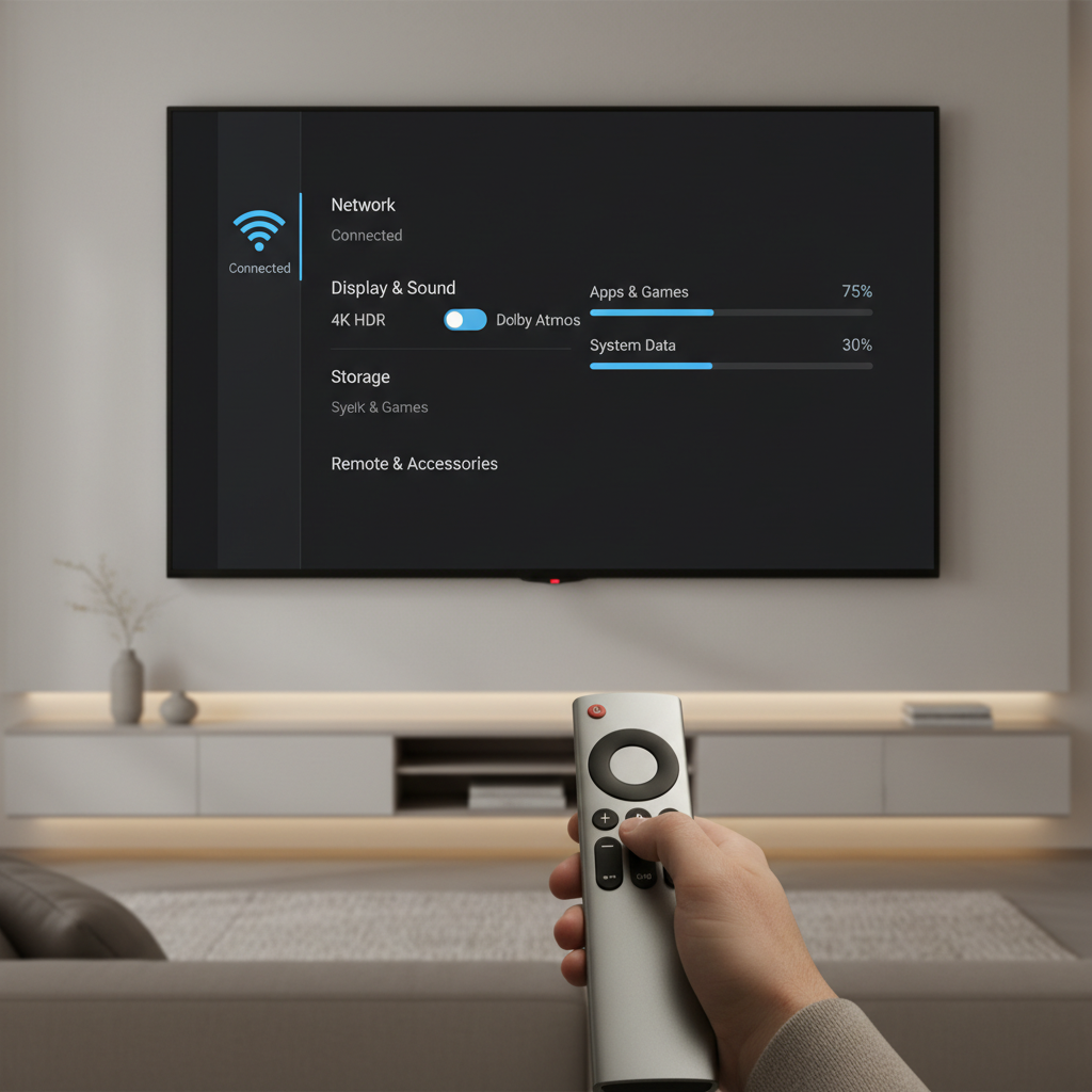 Streaming device settings screen showing Wi-Fi strength, 4K HDR toggles, and storage space indicators