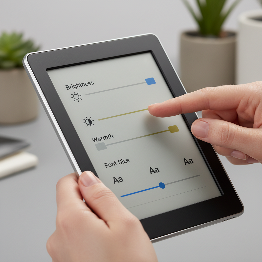 Checking e-reader settings for brightness, warmth, and font size