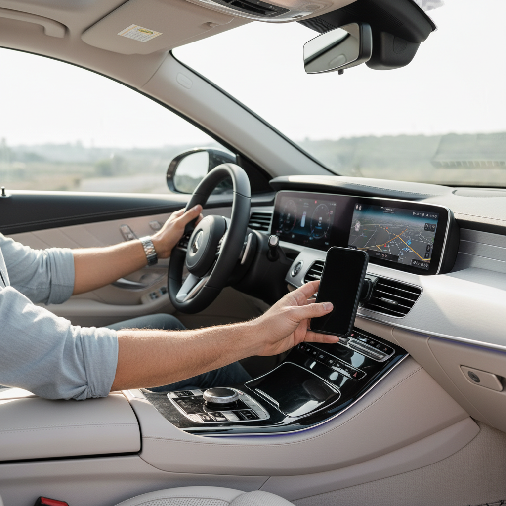 Driver using one-hand MagSafe vent mount without blocking view