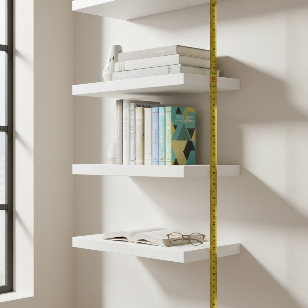 Floating shelf spacing guide with books and measuring tape on a wall