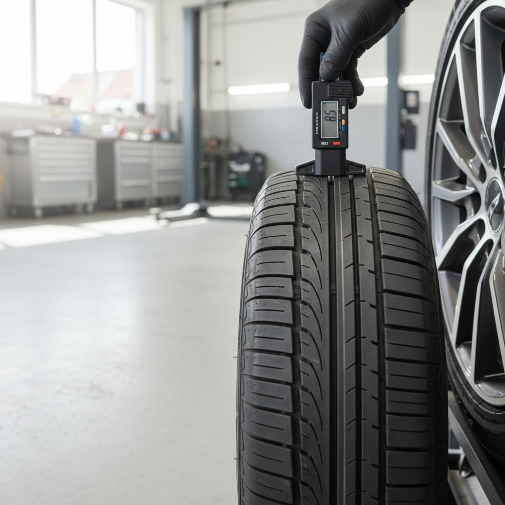Measuring tire tread depth with a tread depth gauge on a car tire