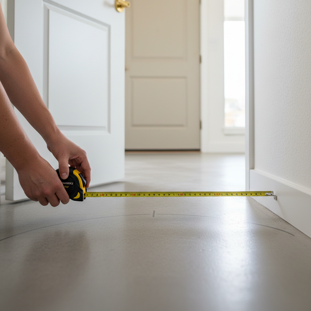 Measuring tape checking entryway depth and door swing for a slim shoe cabinet