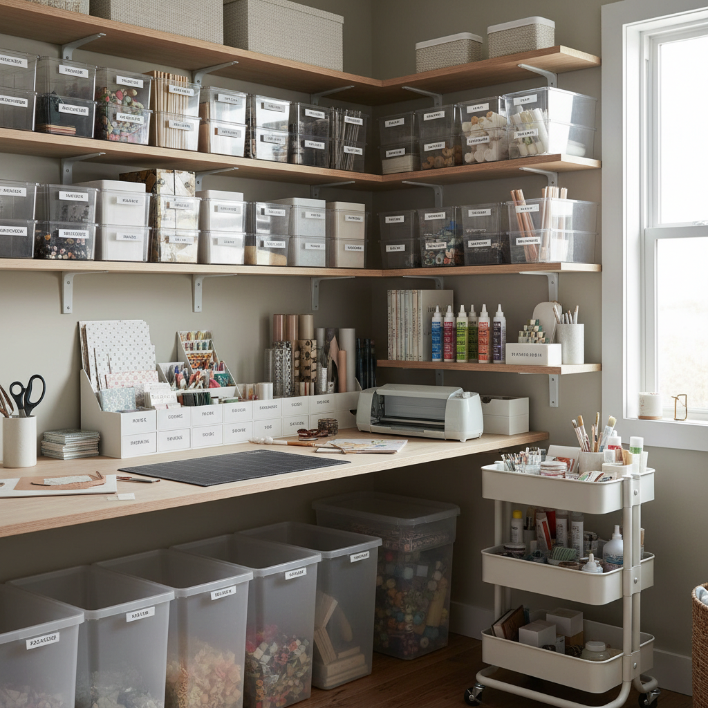 Neatly organized craft supplies on shelves with clear bins and labeled drawers