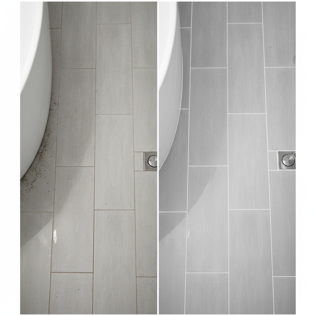 Before and after grout cleaning on bathroom floor tiles