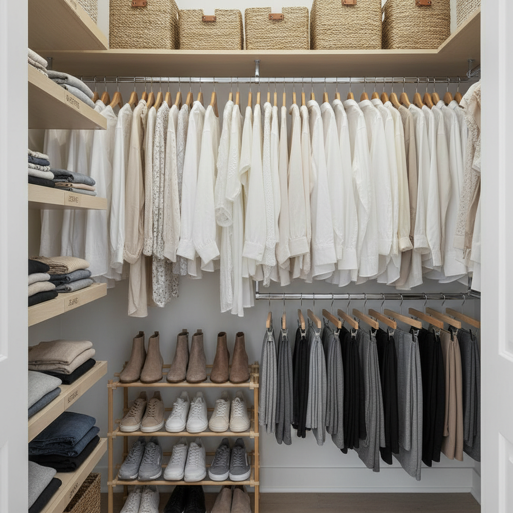 Organized small walk-in closet with double hanging rods, labeled zones, and shoe storage