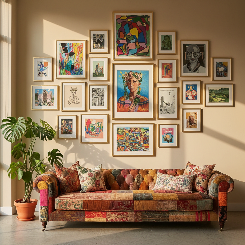 Eclectic maximalist gallery wall above a colorful sofa