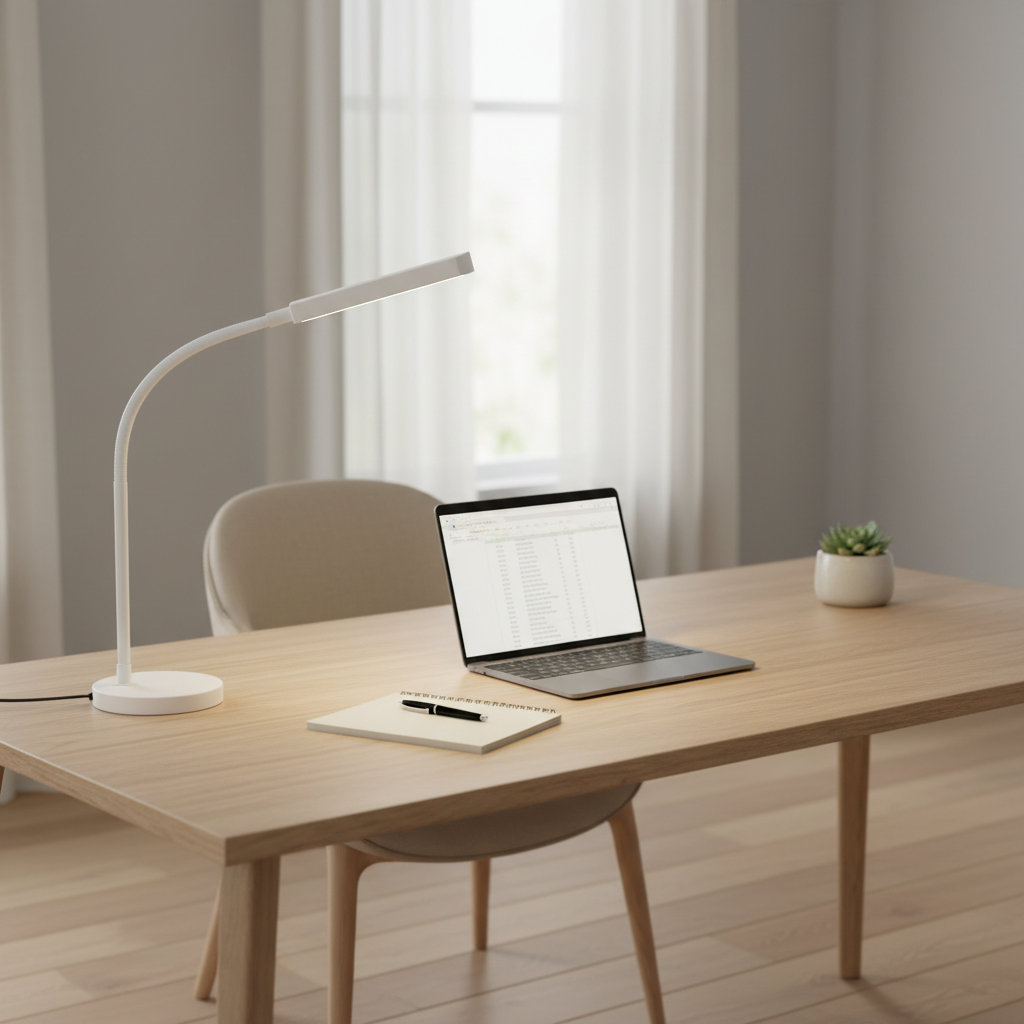 Modern home office desk with an affordable LED desk lamp providing soft task lighting
