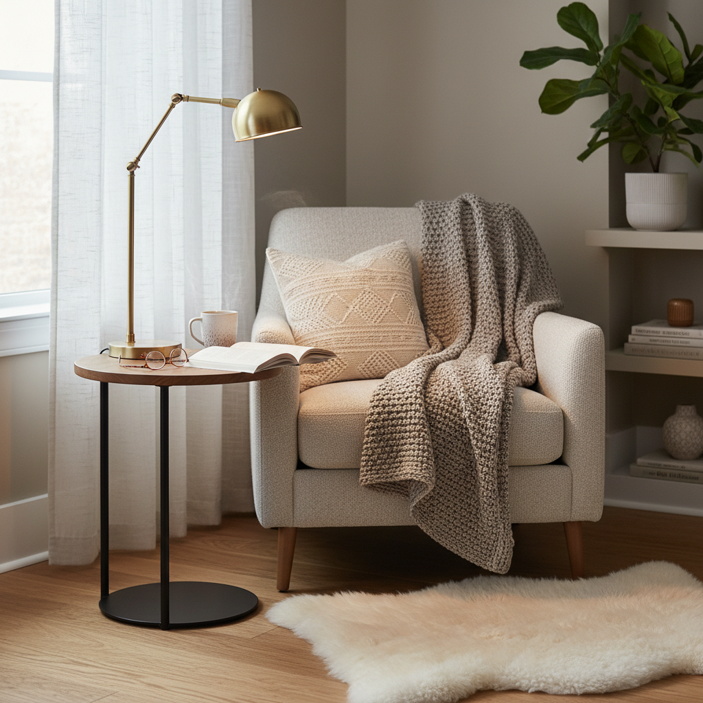 Cozy small space reading nook with task lighting and compact side table