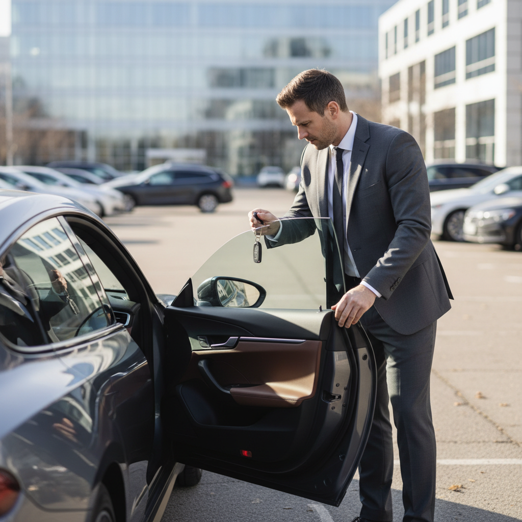 Driver troubleshooting a jammed car door lock with key and key fob