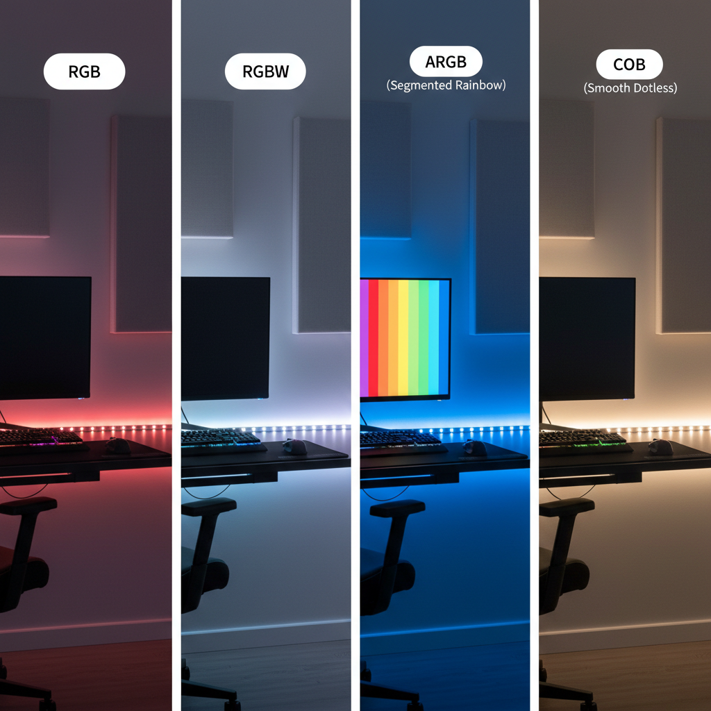 Comparison of RGB, RGBW, addressable ARGB, and COB LED strip light styles in a gaming room