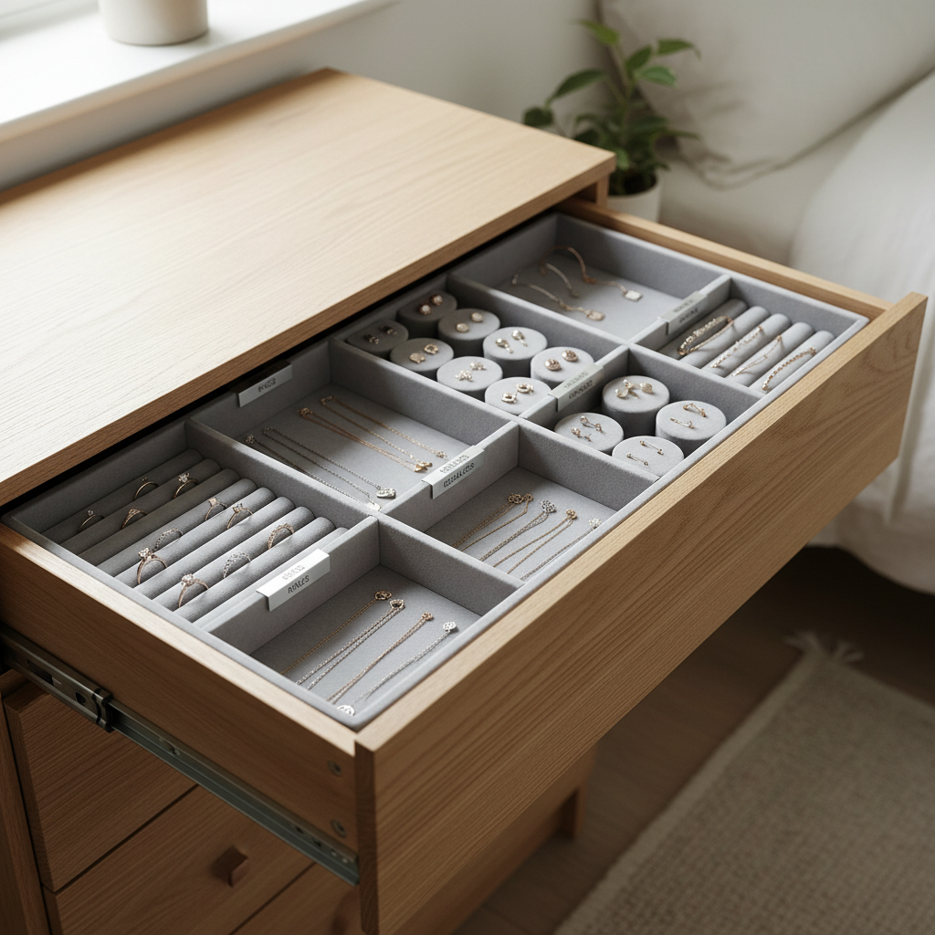 Neatly organized jewelry drawer with velvet drawer inserts and labeled compartments