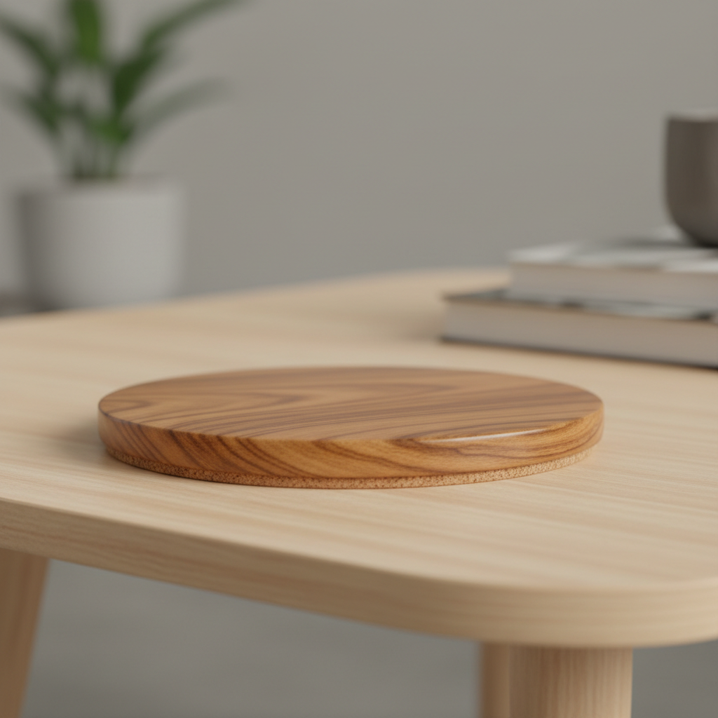 Close-up of wood coaster edge finish and cork backing for non-slip coffee table protection