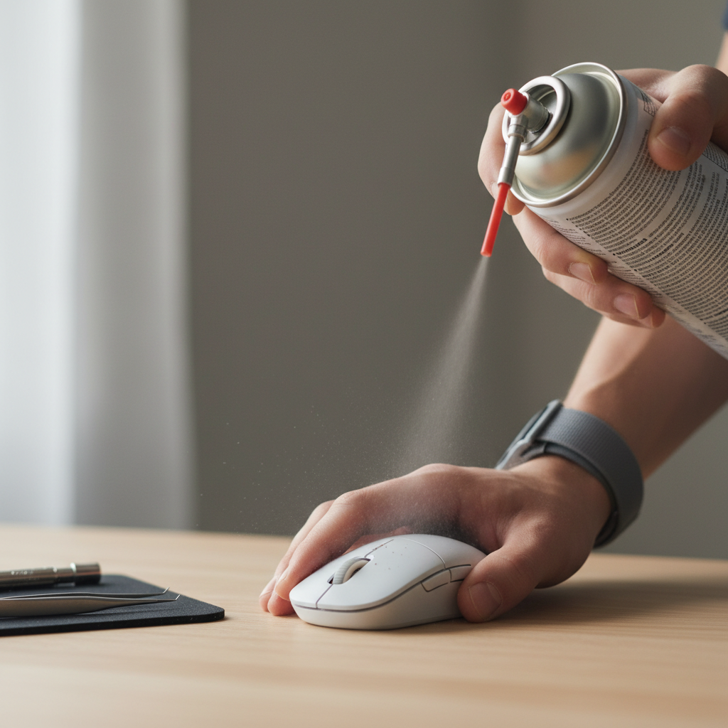 Cleaning a computer mouse button seam with compressed air