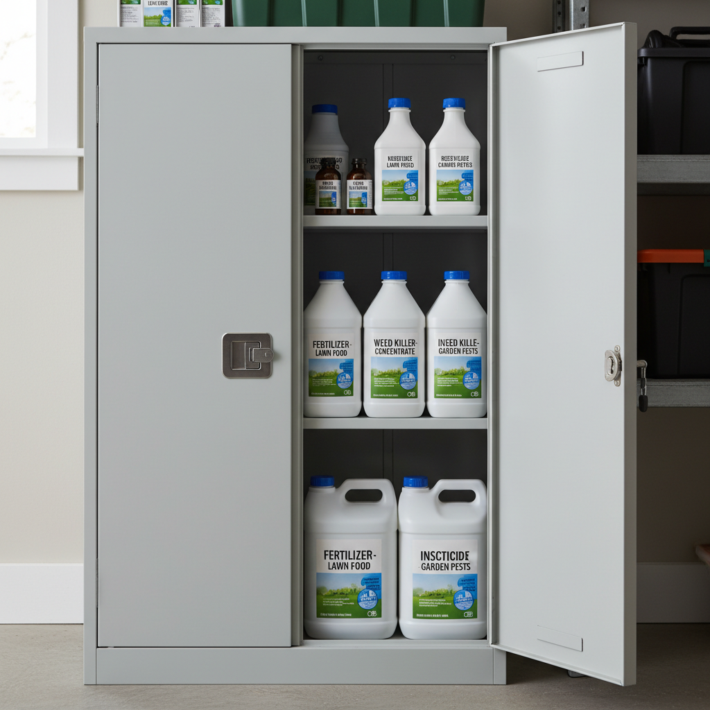 Labeled storage cabinet for fertilizers and garden chemicals in a garage
