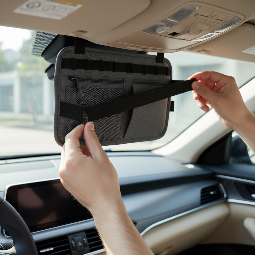 Driver installing a slim sun visor organizer with adjustable straps